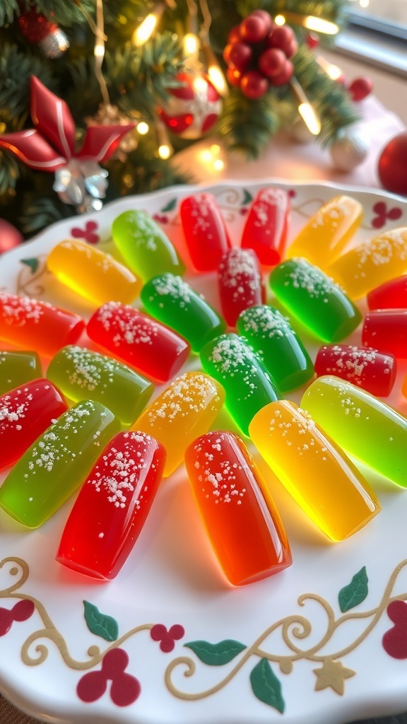 Colorful jelly nails in festive colors on a platter, decorated with edible glitter, surrounded by Christmas decorations.
